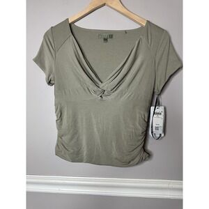 Guess Women's Top Taupe Sz Medium‎ Juniors Y2K Rouging Cap Sleeves Glam Logo